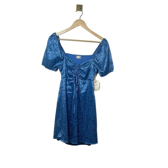 NWT Altar’d State Jocelyn Floral Daisy Puff Sleeve Satin Dress in Blue Size S - Picture 5 of 14